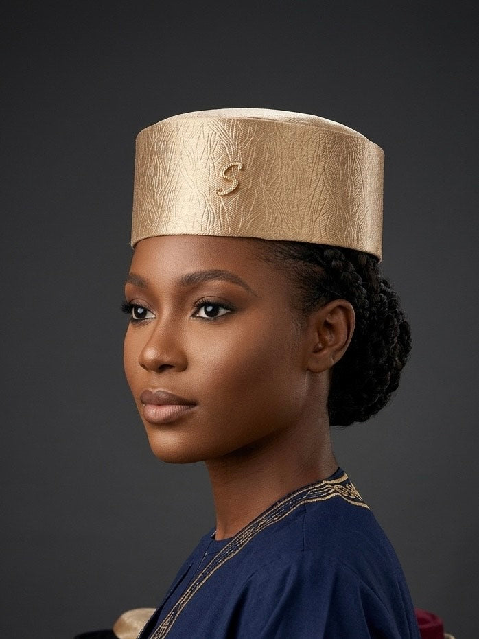Haddy Pillbox Hat — Gold Brocade