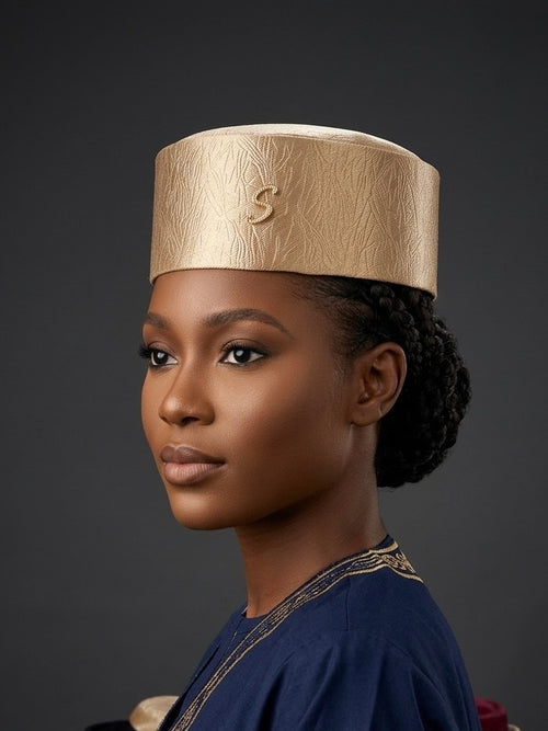 Haddy Pillbox Hat — Gold Brocade